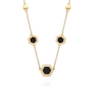 Black Onyx Flat Slice Hex Chain Necklace in Gold Plated Sterling Silver