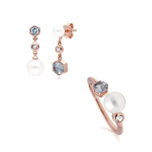 Trendy Pearl, Aquamarine & Topaz Earring & Ring Set in Rose Gold Plated Silver
