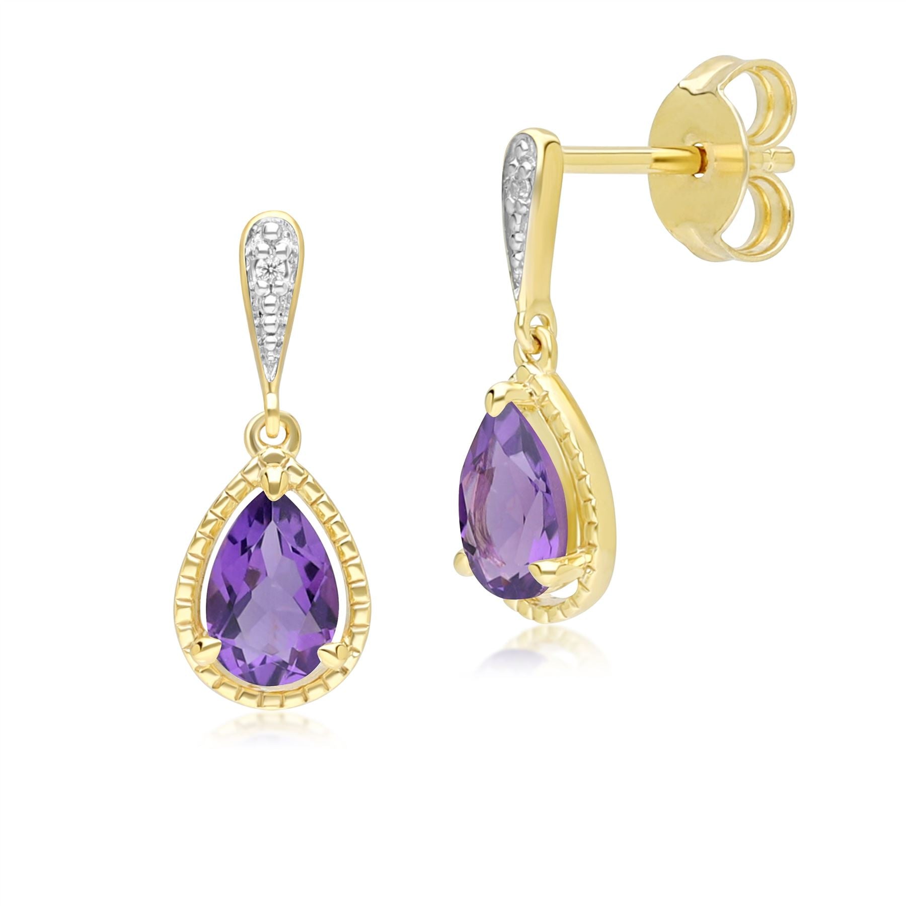 Vintage Pear Amethyst & Diamond Drop Earrings In 9ct Yellow Gold