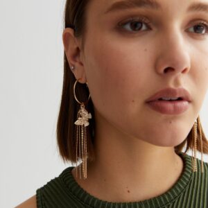 Gold Butterfly Charm Tassel Hoop Earrings New Look