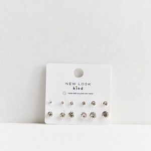 6 Pack Silver Combined Diamanté Stud Earrings New Glance