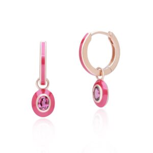 Siberian Waltz Pink Enamel & Oval Rhodolite Hoop Earrings in Rose Gold Plated Sterling Silver
