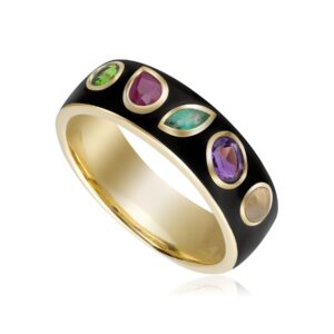 Coded Whispers Black Tooth ‘Dream’ Acrostic Gemstone Ring In Yellow Gold Plated Silver