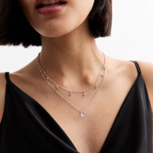 Silver Tone Double Chain Cubic Zirconia Charm Necklace New Look