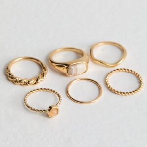 6 Pack Gold Combined Fake Semi Treasured Stone Rings New Glance