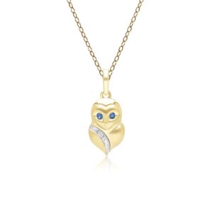 Gardenia Sapphire and White Sapphire Owl Pendant Necklace in 9ct Yellow Gold