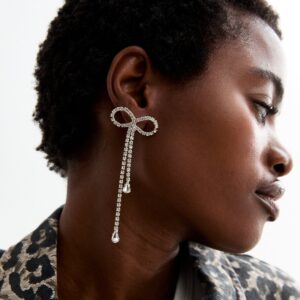 Silver Tone Huge Diamante Bow Tassel Earrings New Glance