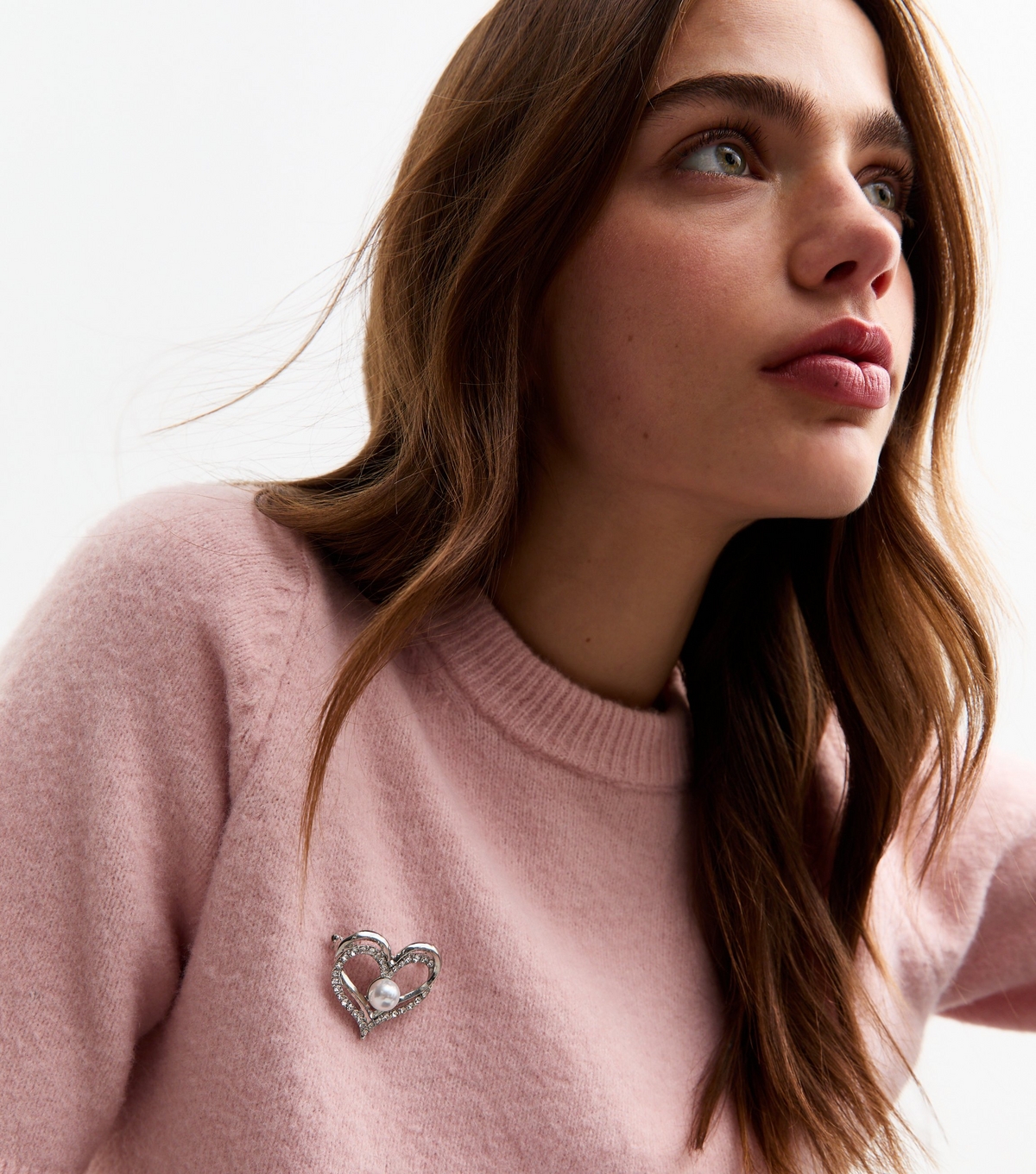 Silver Tone Heart Faux Pearl Diamanté Brooch New Look