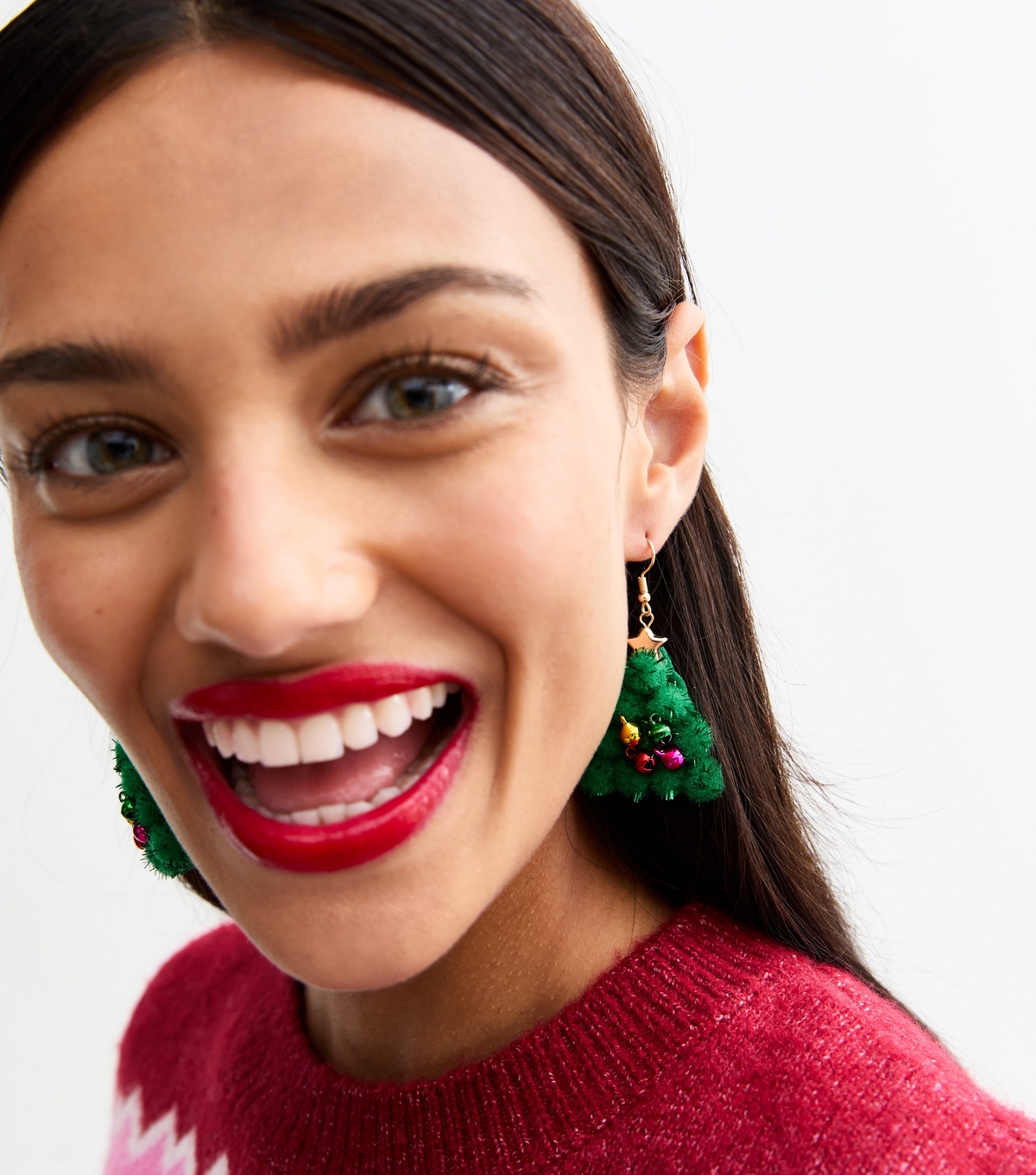 Green Christmas Tree Embellished Earrings New Look