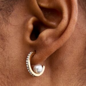 18ct Gold Plated Pretend Pearl And Diamanté Hoop Earrings New Glance