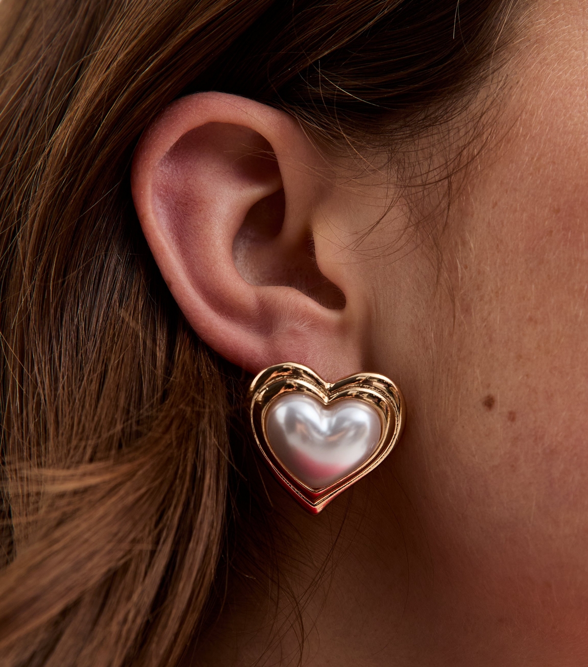 Gold Tone Faux Pearl Heart Earrings New Look