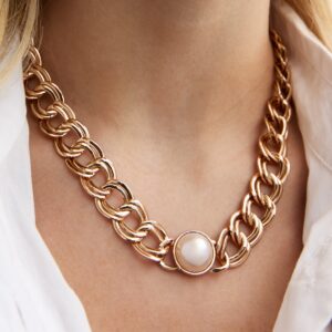 Gold Tone Fake Pearl Curb Chain Necklace New Glance