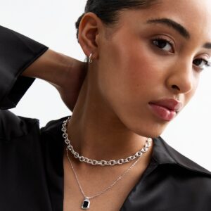 Silver Tone Double Layered Onyx Necklace New Glance