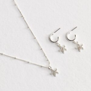 Silver Tone Starfish Necklace and Earrings Set New Glance