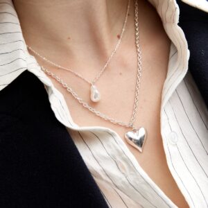 Silver Tone Layered Puff Middle Pearl Necklace New Glance