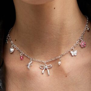 Silver Tone Bow and Flower Allure Necklace New Glance