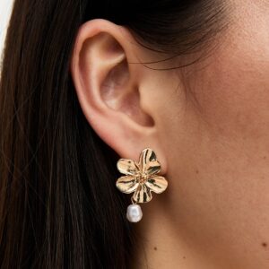 Gold Tone Pretend Pearl Drop Flower Earrings New Glance