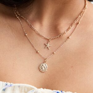 Gold Tone Multi-Row Starfish Disc Necklace New Glance
