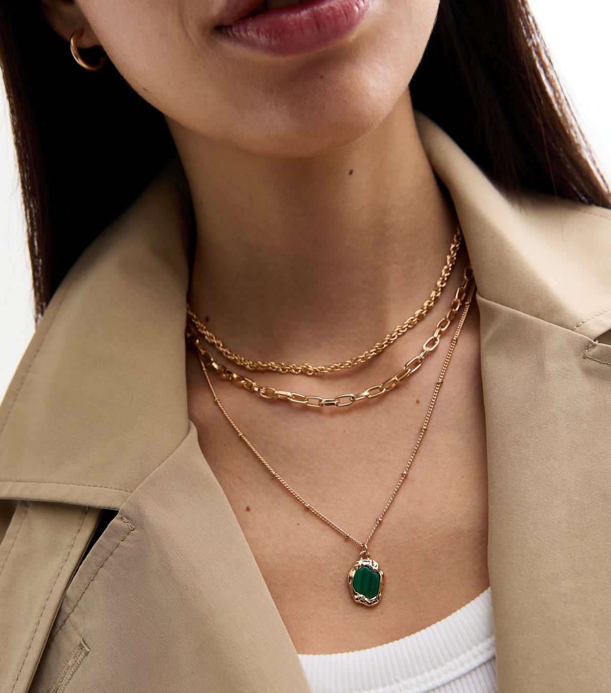 Gold Tone Triple Layered Semi Treasured Stone Necklace New Glance