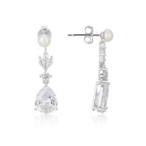 Argento Silver Crystal Bridal Pearl Drop Earrings – Silver