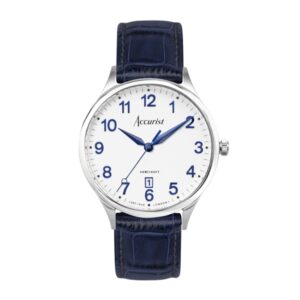 Accurist Males’s Vintage Blue Leather-based Strap White Dial Watch – Silver