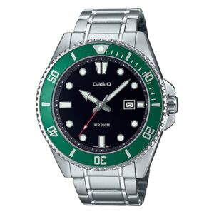Casio Mens Stainless Steel Black Dial Green Bezel Diver Watch