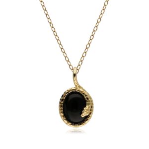 ECFEW™ Oval Onyx Winding Snake Pendant Necklace in Gold Plated Sterling Silver