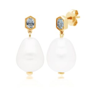 Modern Baroque Pearl & Aquamarine Drop Earrings in Gold Plated Silver