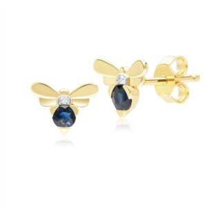 Honeycomb Impressed Blue Sapphire and Diamond Bee Stud Earrings in 9ct Yellow Gold
