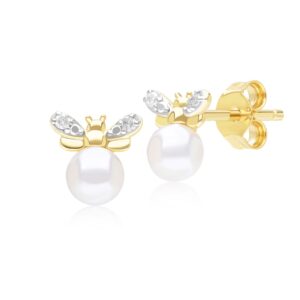 Honeycomb Impressed Pearl and Diamond Bee Stud Earrings in 9ct Yellow Gold