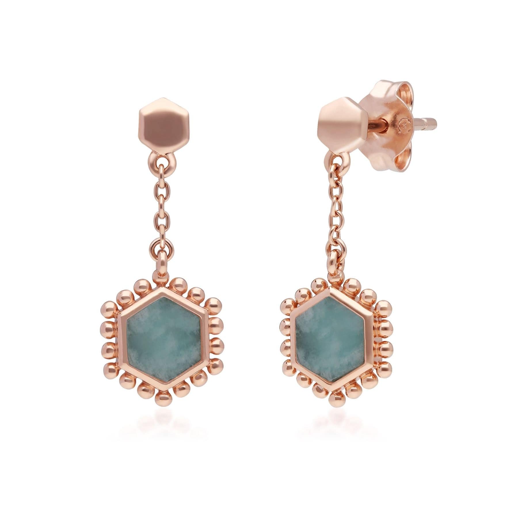 Amazonite Flat Slice Hex Drop Earrings in Rose Gold Plated Silver
