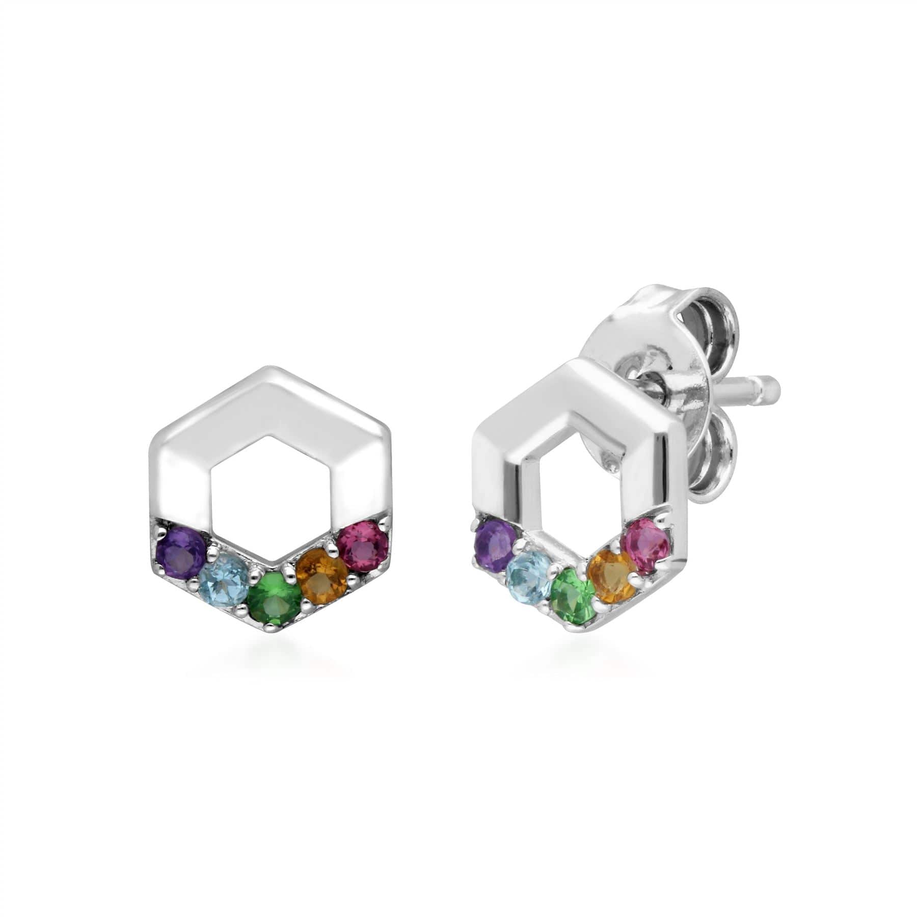 Rainbow Hexagon Stud Earrings in 925 Sterling Silver