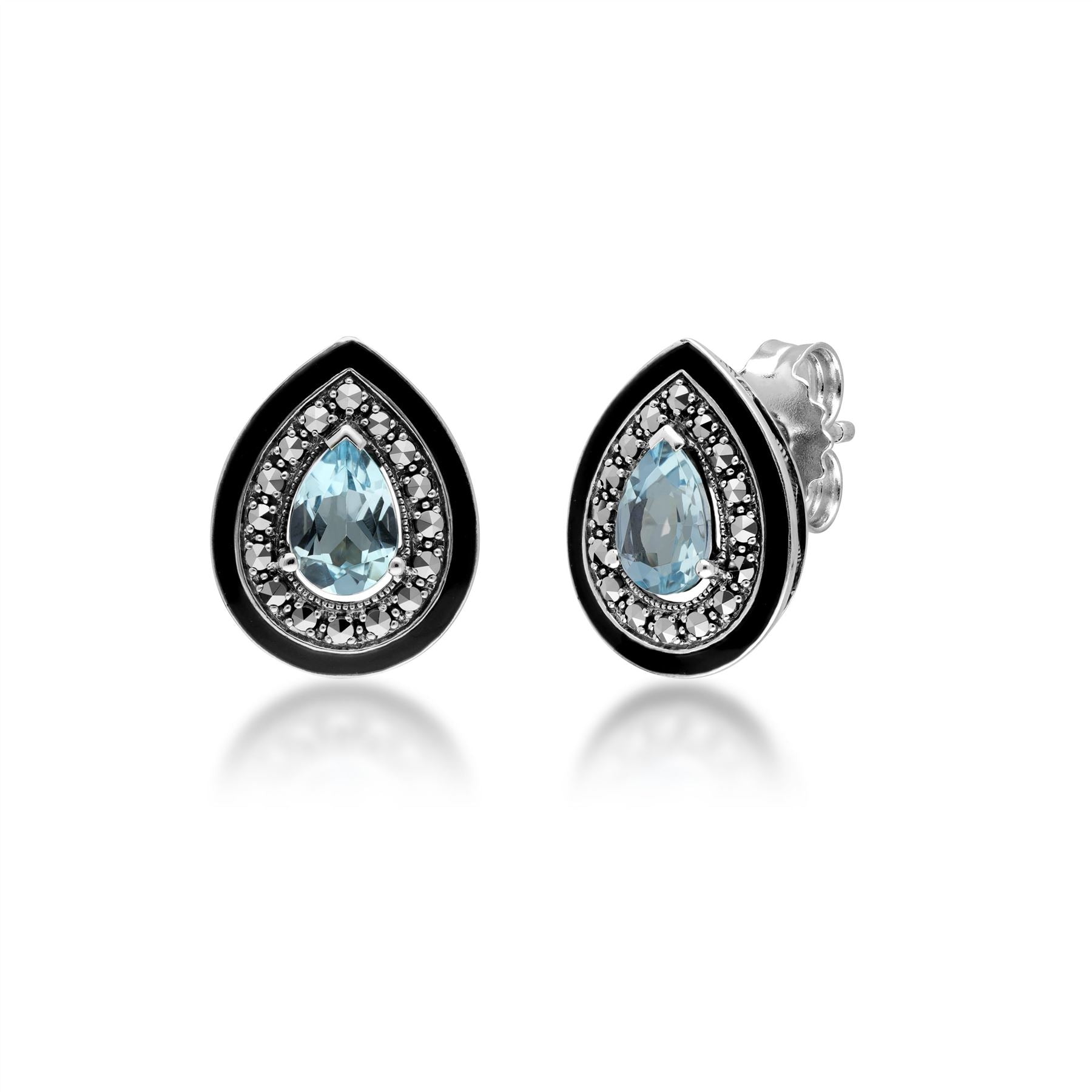 Artwork Deco Impressed Pear Lower Blue Topaz & Marcasite Stud Earrings