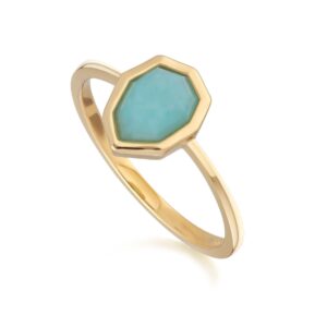 Irregular B Gem Blue Peru Amazonite Ring In Yellow Gold Plated Silver