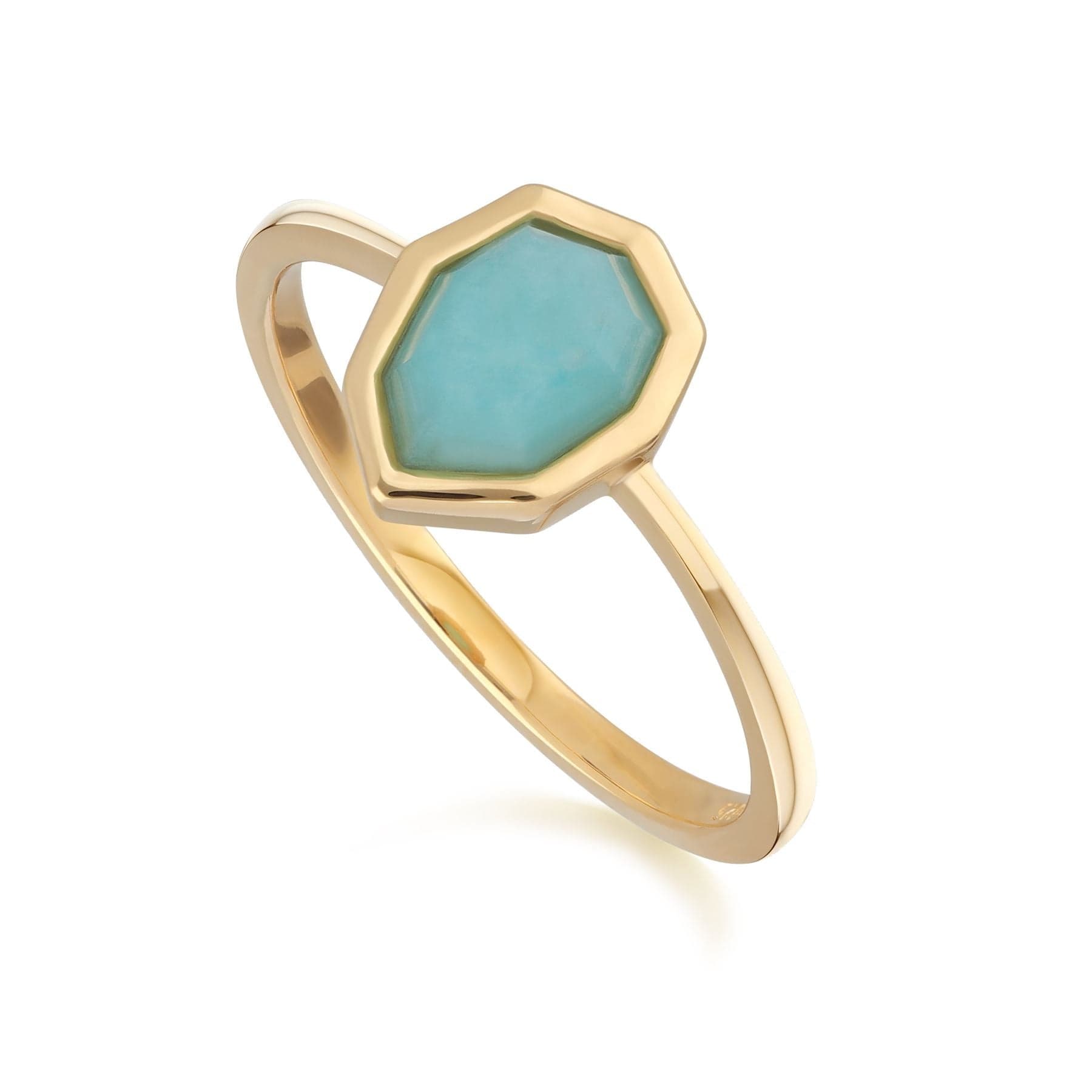 Irregular B Gem Blue Peru Amazonite Ring In Yellow Gold Plated Silver