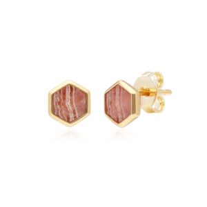 Micro Statement Rhodochrosite Hexagon Stud Earrings in Gold Plated Silver