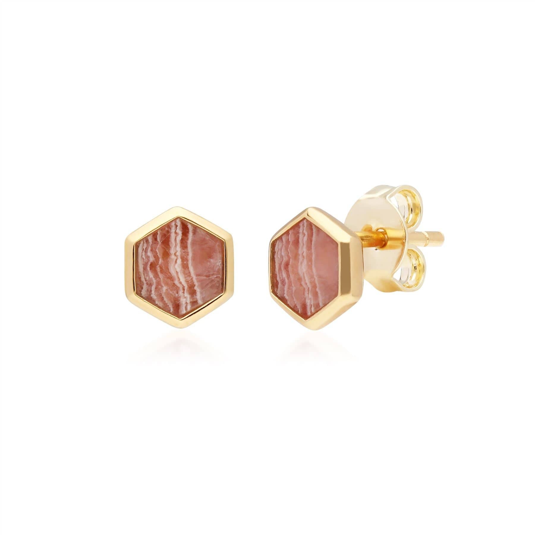 Micro Statement Rhodochrosite Hexagon Stud Earrings in Gold Plated Silver