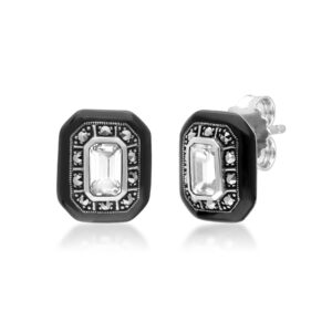Artwork Deco Impressed White Topaz & Marcasite Stud Earrings