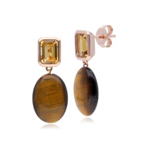 ECFEW™ Unifier Citrine & Tiger’s Eye Drop Earrings In Rose Gold Plated Silver