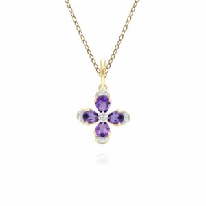 Floral Amethyst & Diamond Pendant Necklace in 9ct Yellow Gold