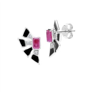 Grand Deco Ruby & White Topaz Fan Earrings In Sterling Silver