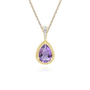 Vintage Pear Amethyst & Diamond Pendant Necklace In 9ct Yellow Gold