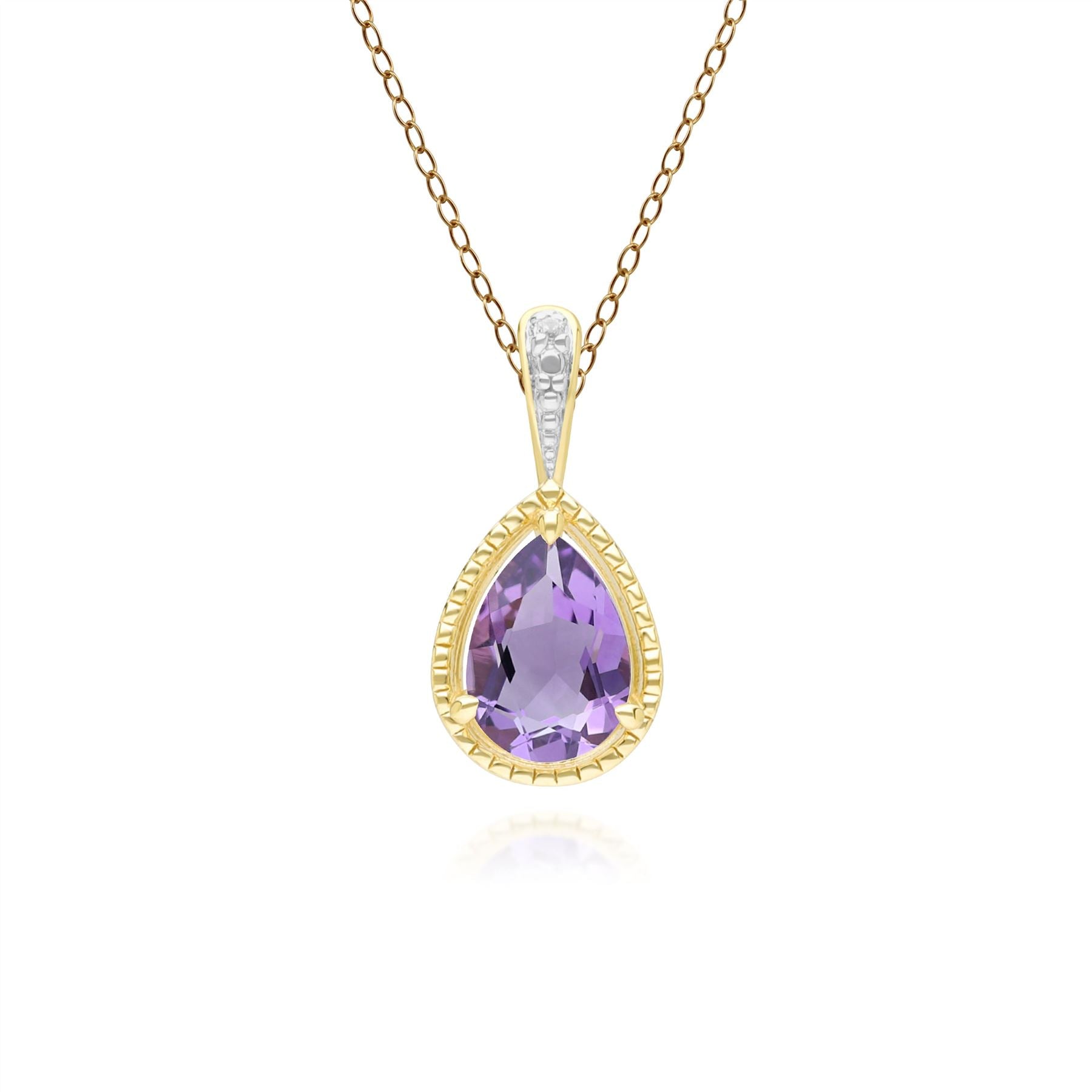 Vintage Pear Amethyst & Diamond Pendant Necklace In 9ct Yellow Gold