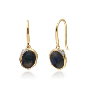 Irregular B Gem Labradorite & Diamond Drop Earrings in Gold Plated Silver