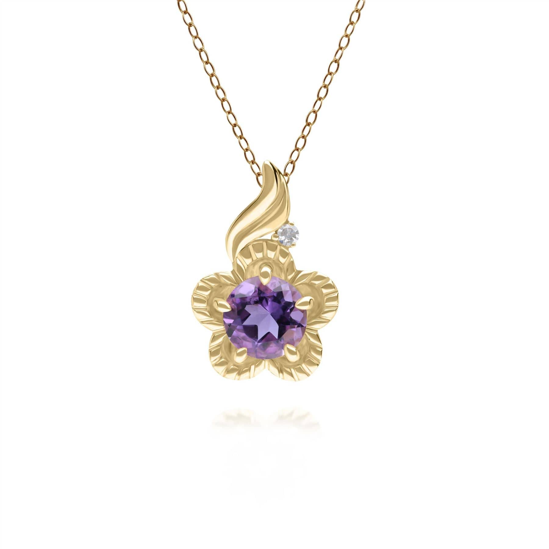 Floral Round Amethyst & Diamond Pendant in 9ct Yellow Gold