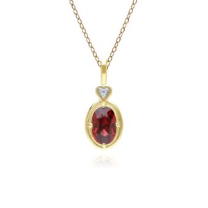 Vintage Oval Garnet & Diamond Center Pendant Necklace In 9ct Yellow Gold