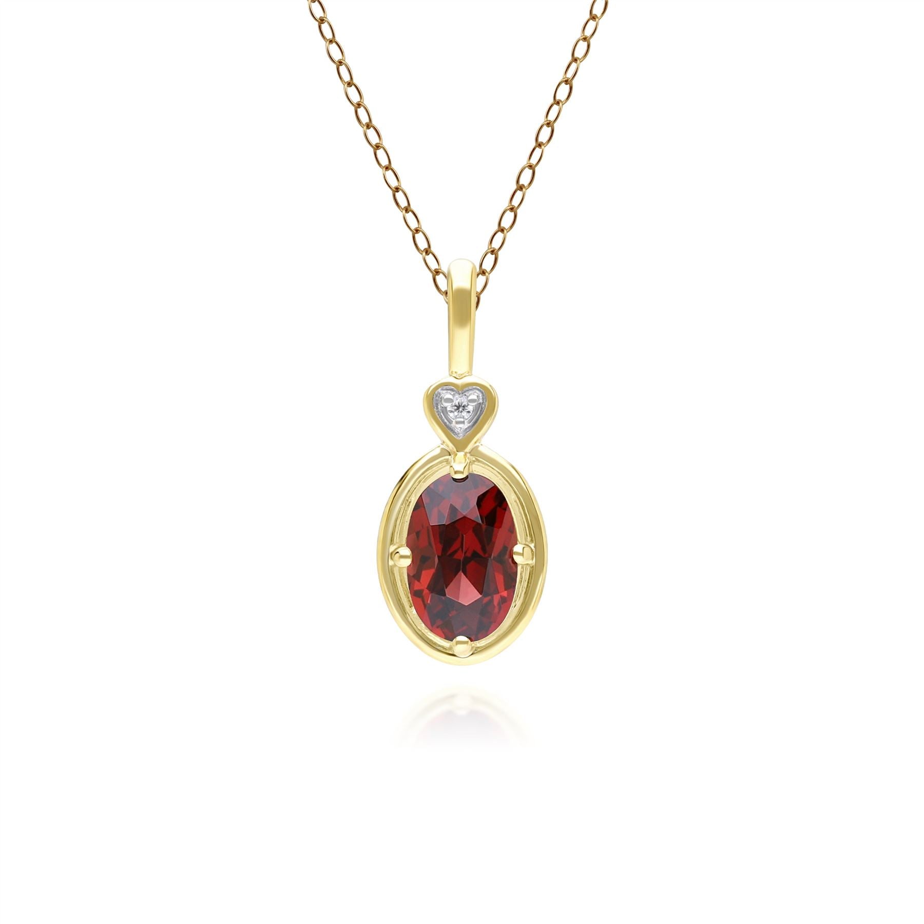 Vintage Oval Garnet & Diamond Center Pendant Necklace In 9ct Yellow Gold
