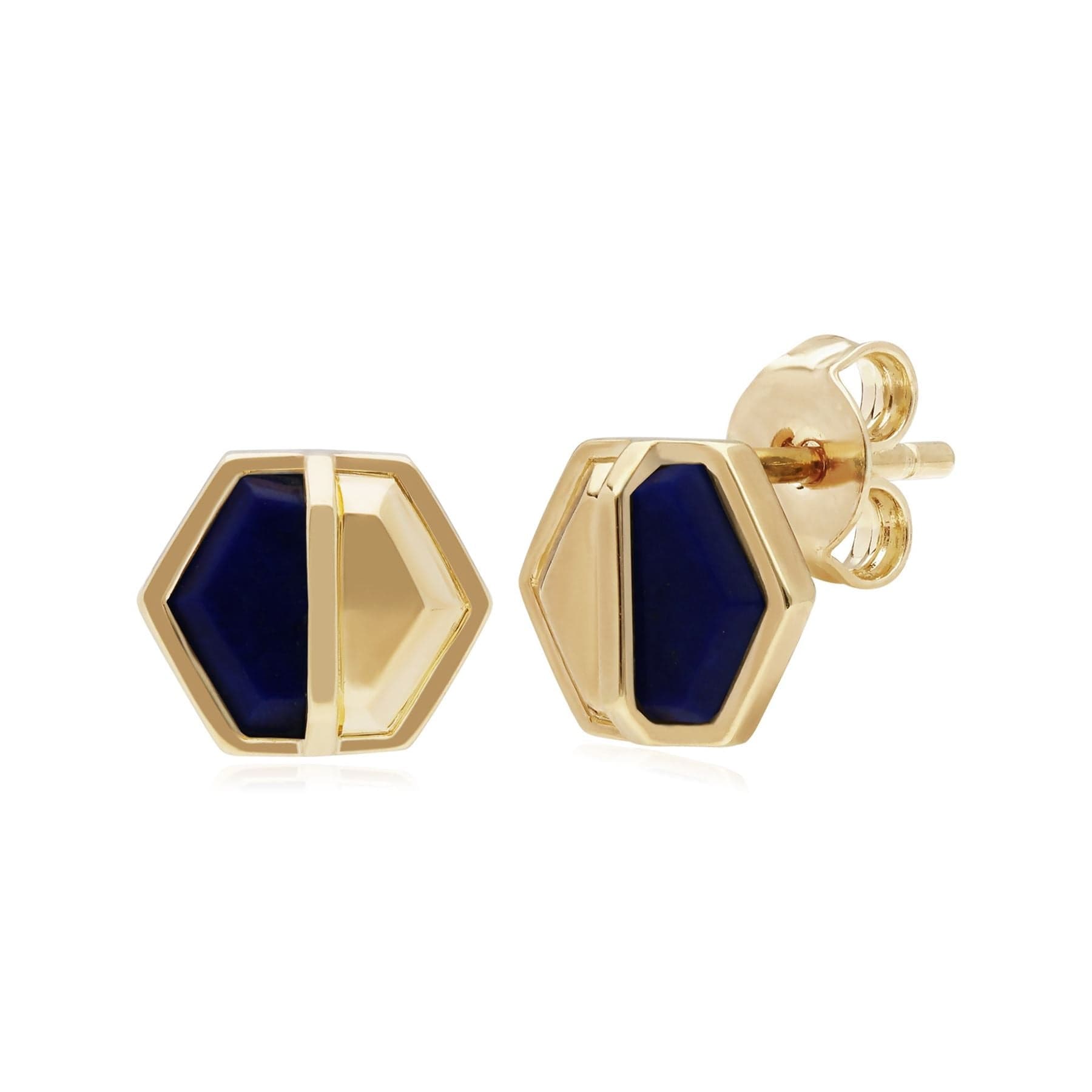 Micro Statement Lapis Lazuli Hexagon Stud Earrings in Gold Plated Silver