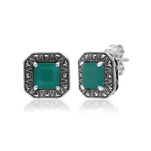 Artwork Deco Impressed Sq. Reduce Chalcedony & Marcasite Stud Earrings