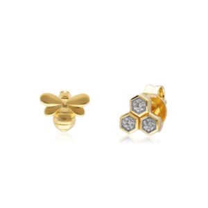 Honeycomb Inspired Mismatched Diamond Bee Earrings in 9ct Yellow Gold